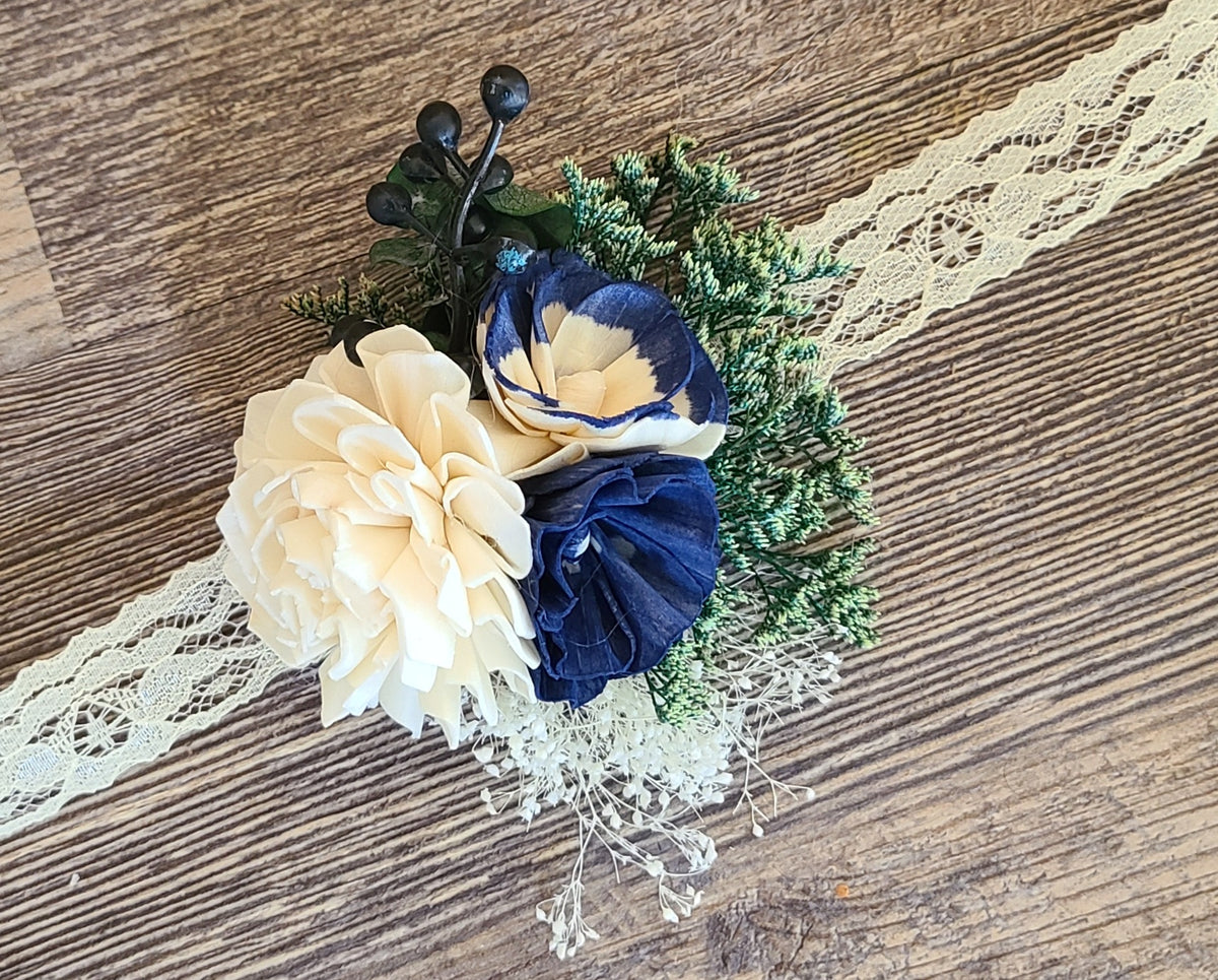 White and Dark Navy Blue Wrist Corsage  My Dinosaur Dreams