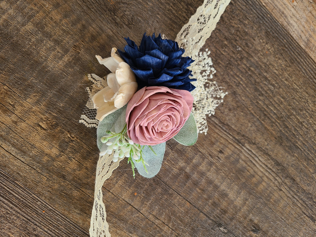 Dusty Pink and Navy Blue Wrist Corsage