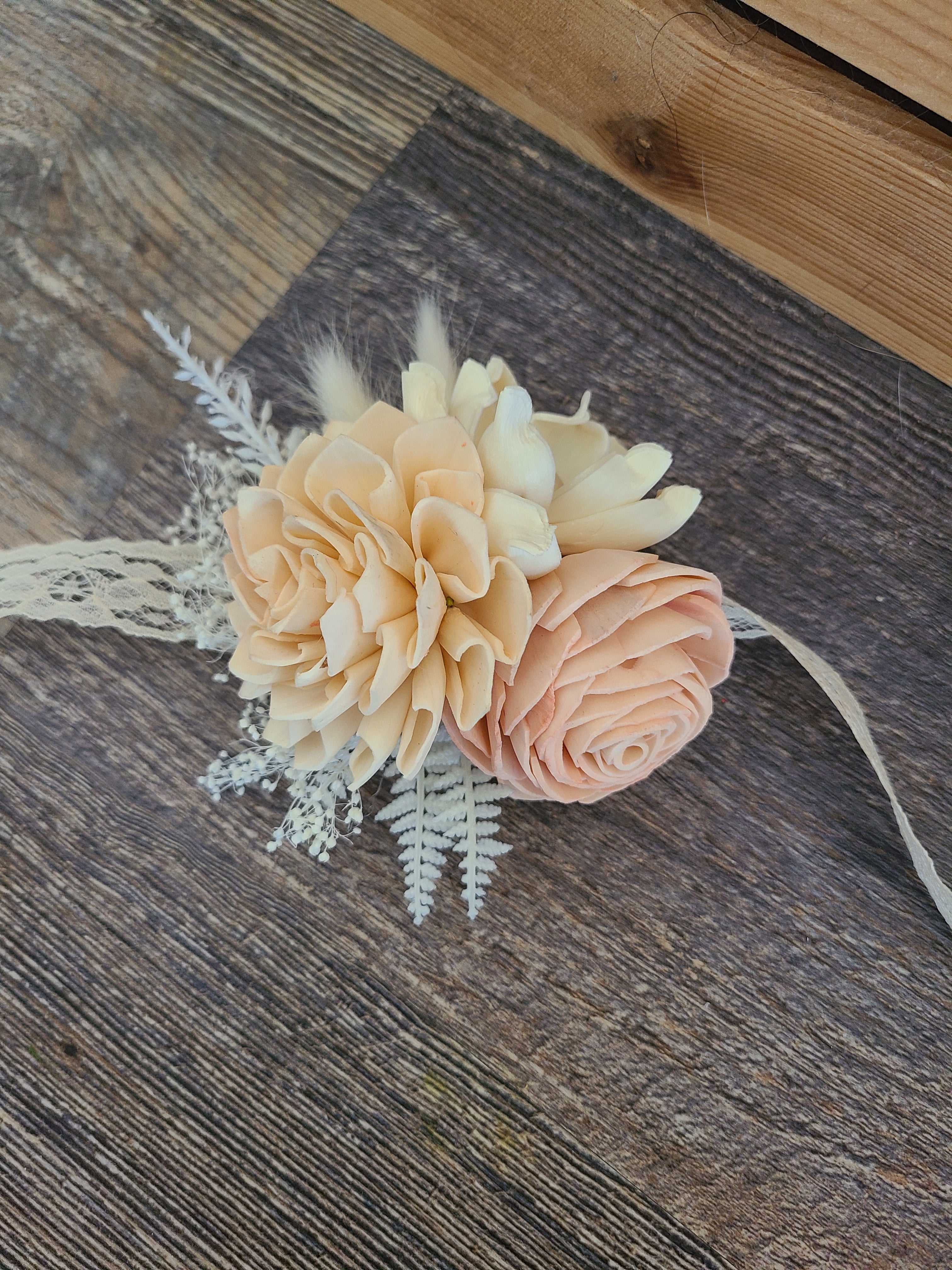 Blush and Champagne Wood Flower Wrist Corsage