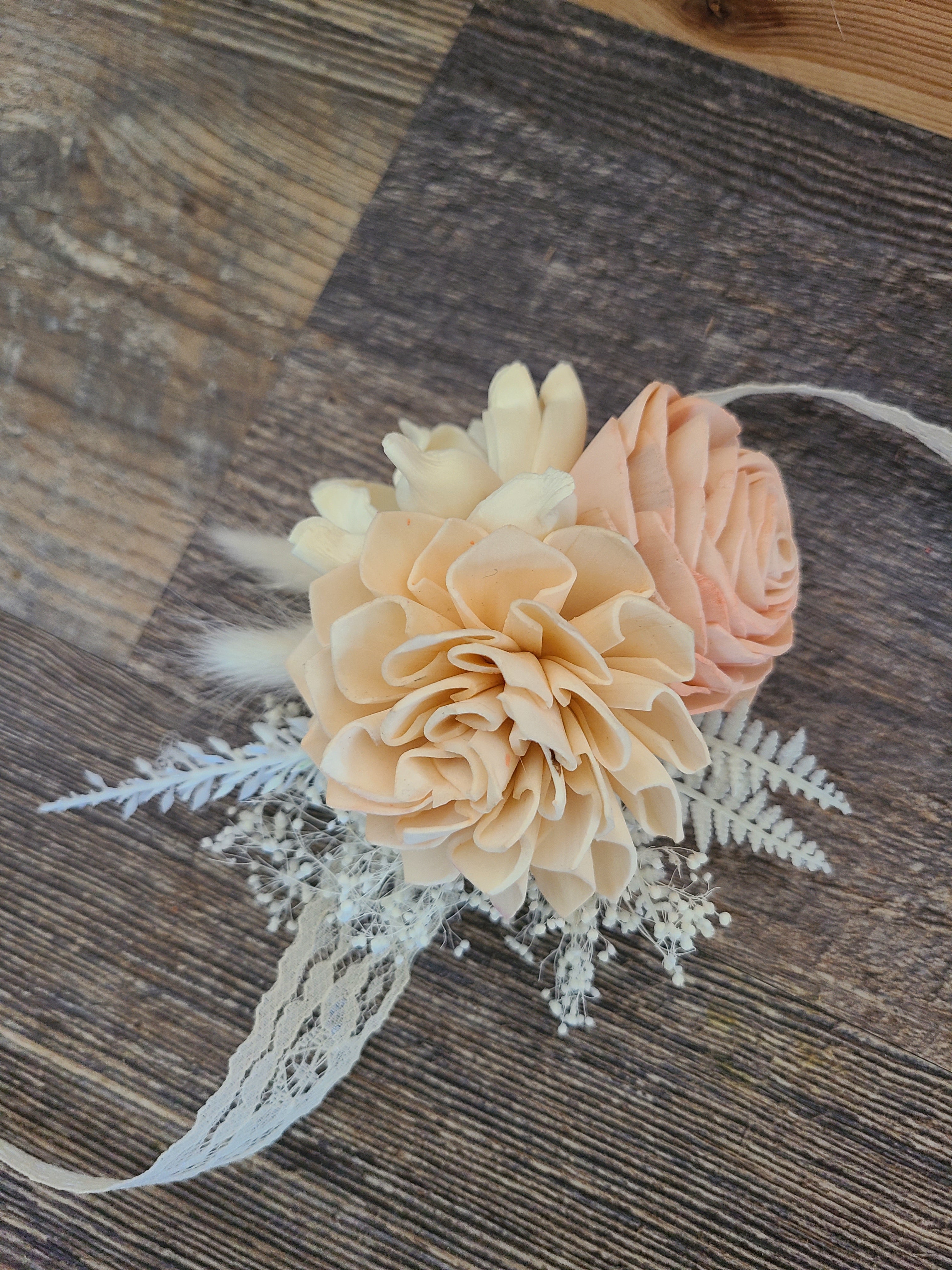 Blush and Champagne Wood Flower Wrist Corsage