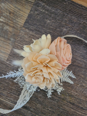 Blush and Champagne Wood Flower Wrist Corsage