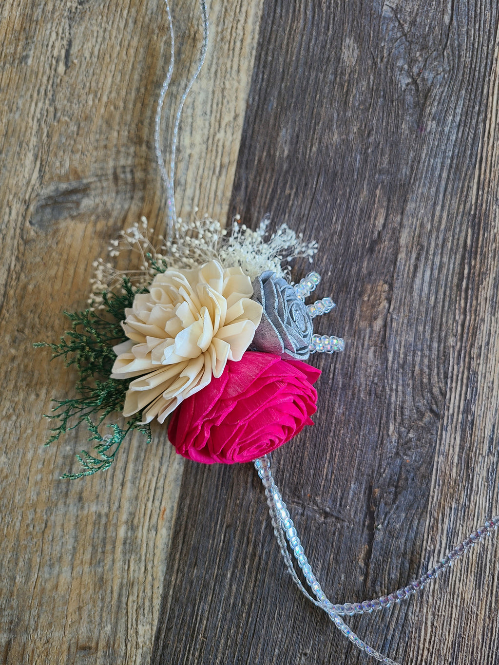 Hot Pink and Silver Wood Flower Wrist Corsage