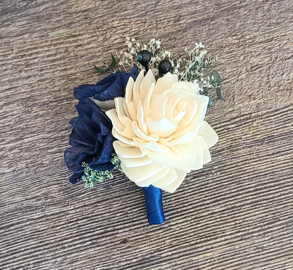 White and Dark Navy Blue Boutonniere