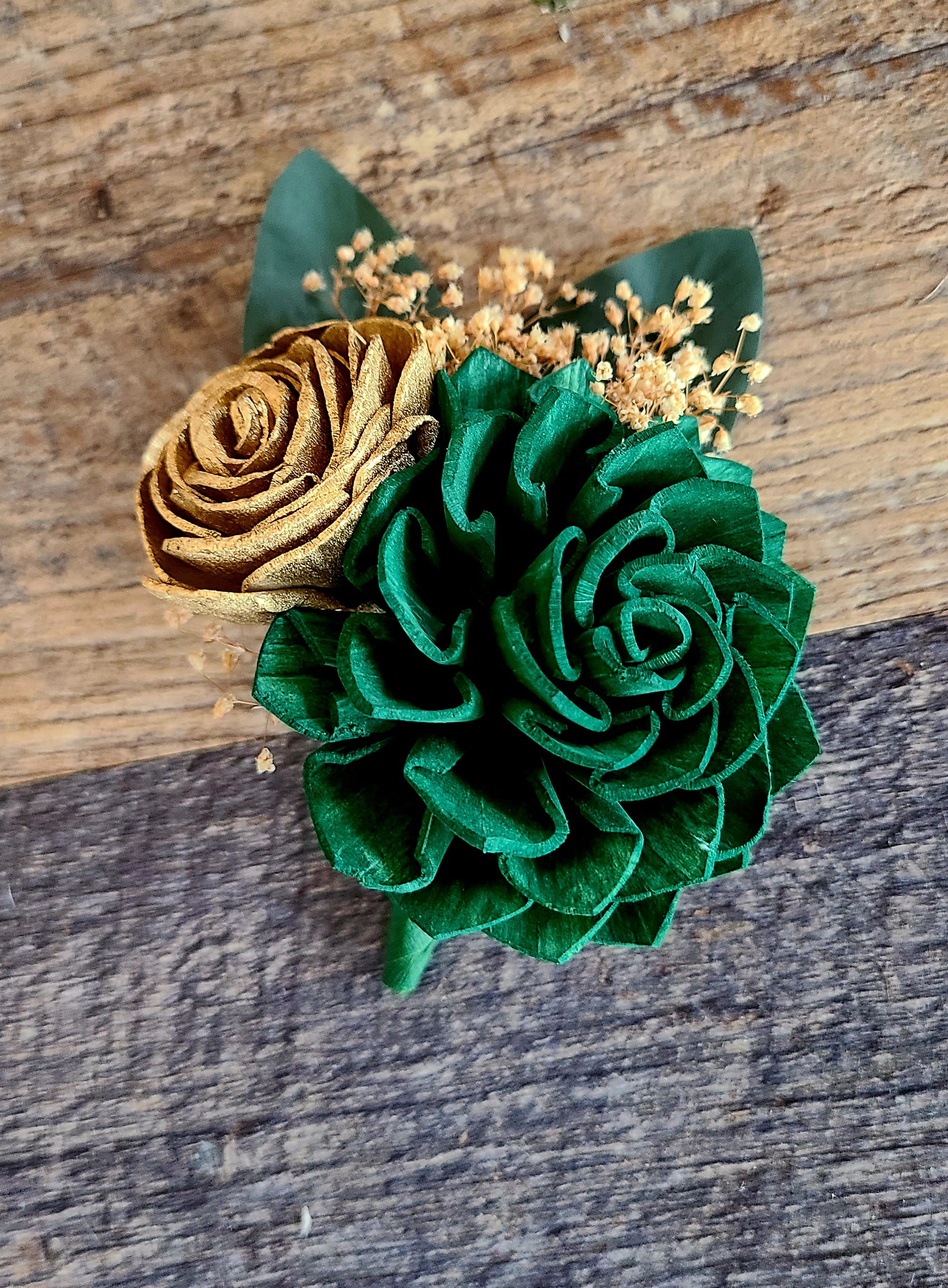 Hunter Green and Gold Dahlia Boutonniere