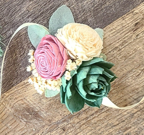 Dusty Rose and Eucalyptus Green Succulent Corsage