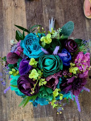 Jewel Toned Teal and Purple Wood Flower Bouquet