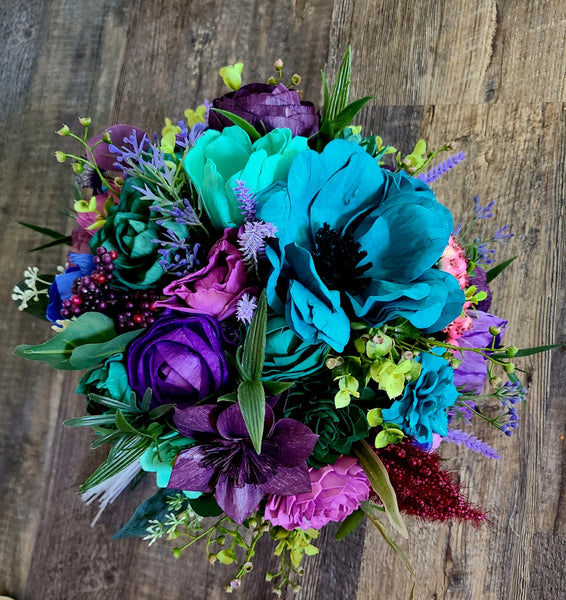 Jewel Toned Teal and Purple Wood Flower Bouquet – My Dinosaur Dreams