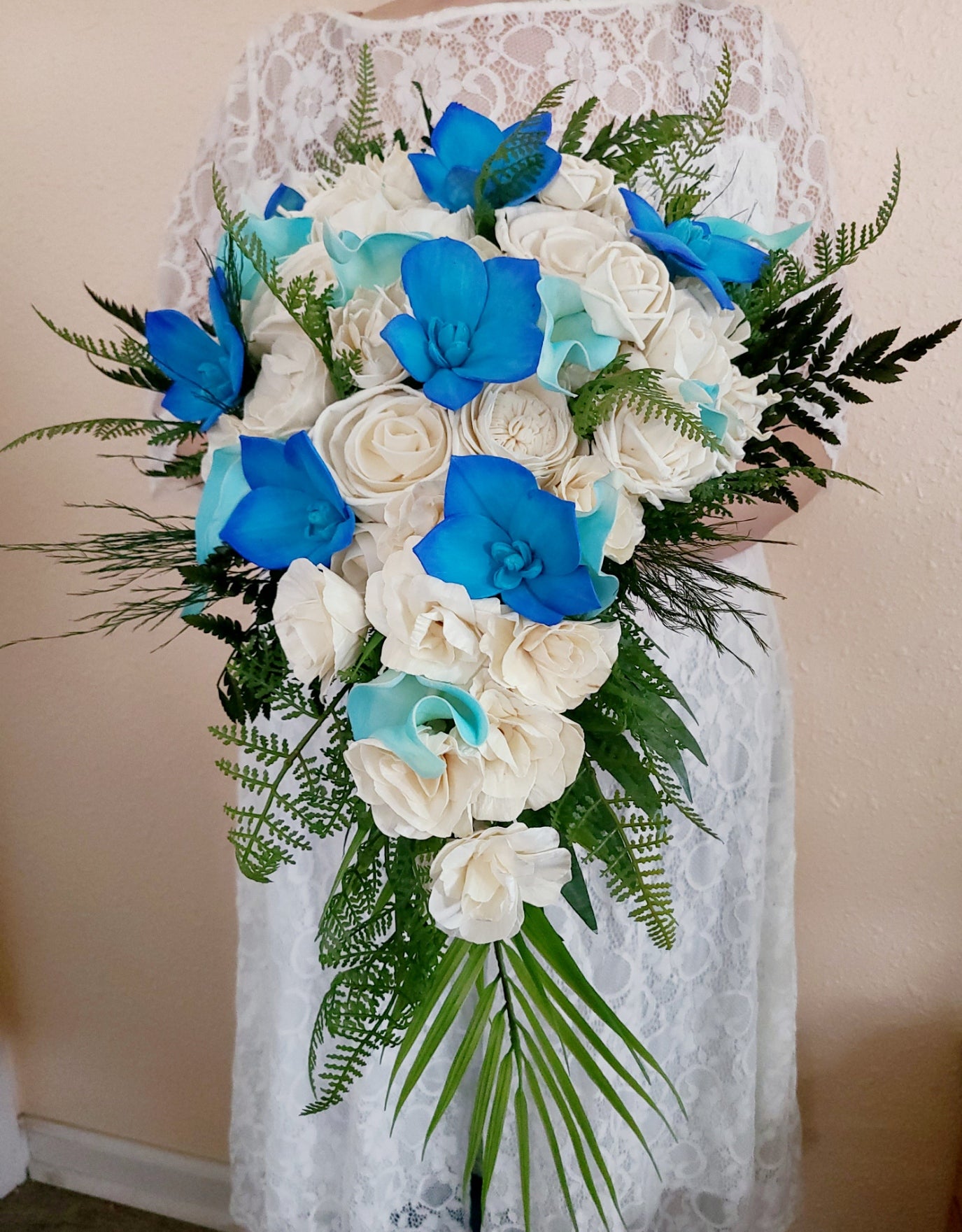 blue orchid and white lily bouquet Tropical Blue Orchid Cascade Bouquet