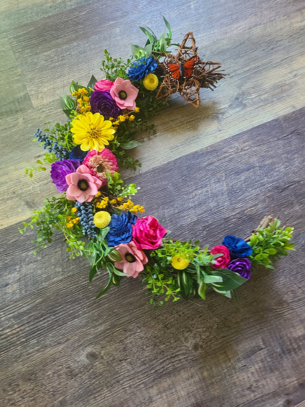 Summer Meadow Half-Moon Grapevine Wreath – Pink, Fuchsia, Yellow &amp; Dark Blue with Monarch Butterfly &amp; Star