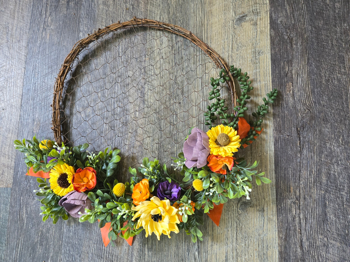 Fall Harvest Pansy Chicken Wire Wreath