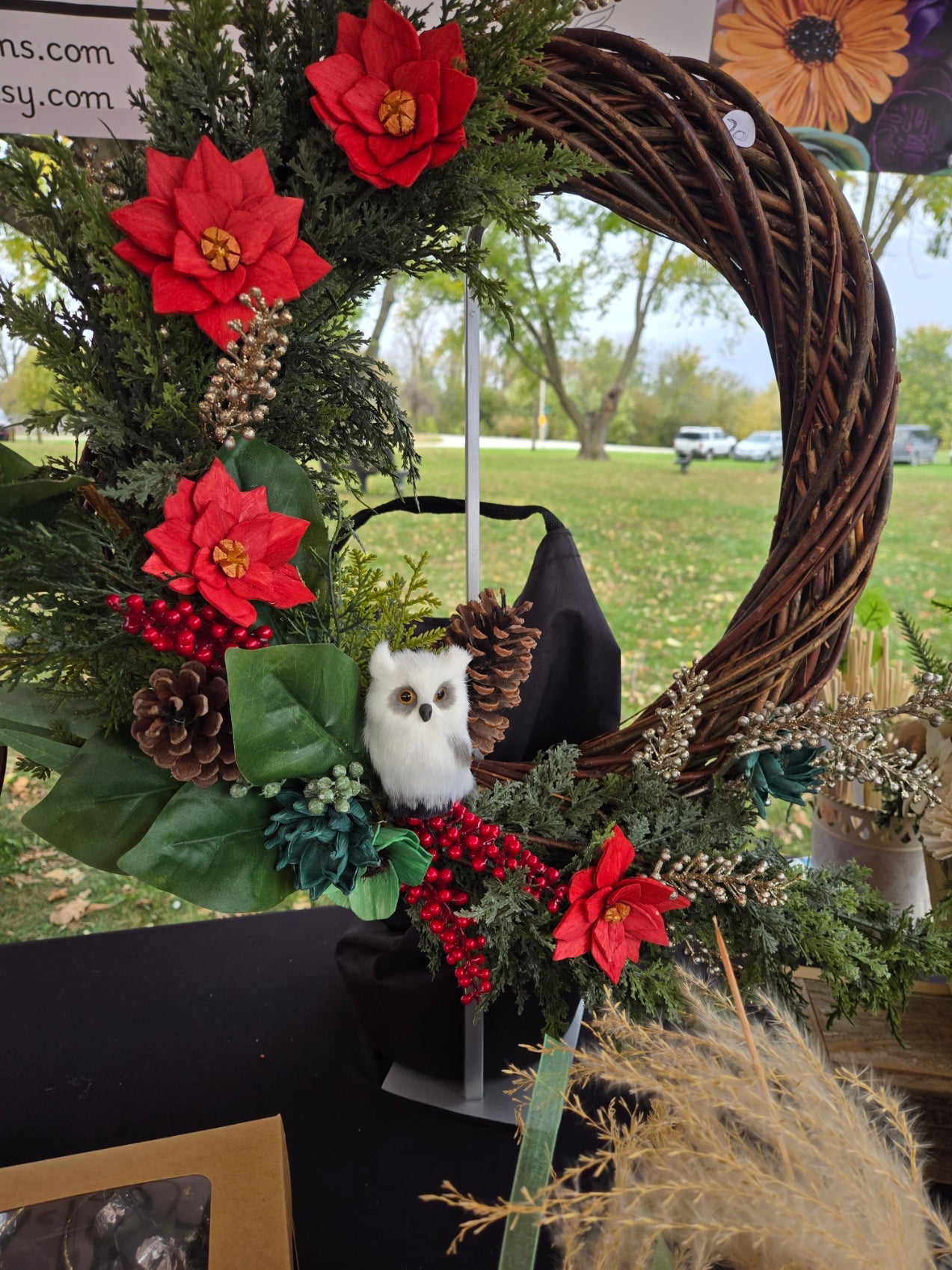 Red Poinsettia Owl Wreath