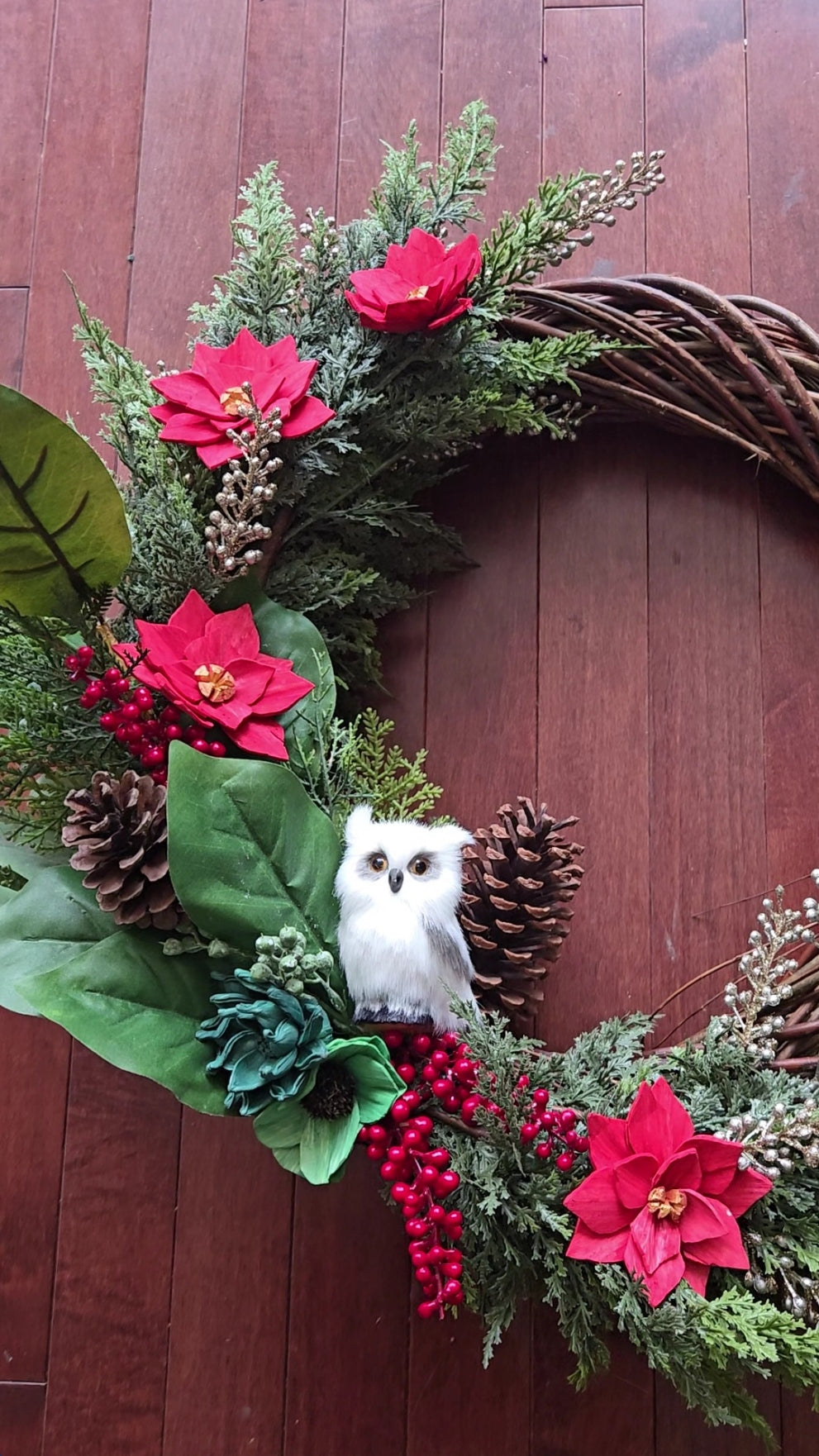 Red Poinsettia Owl Wreath
