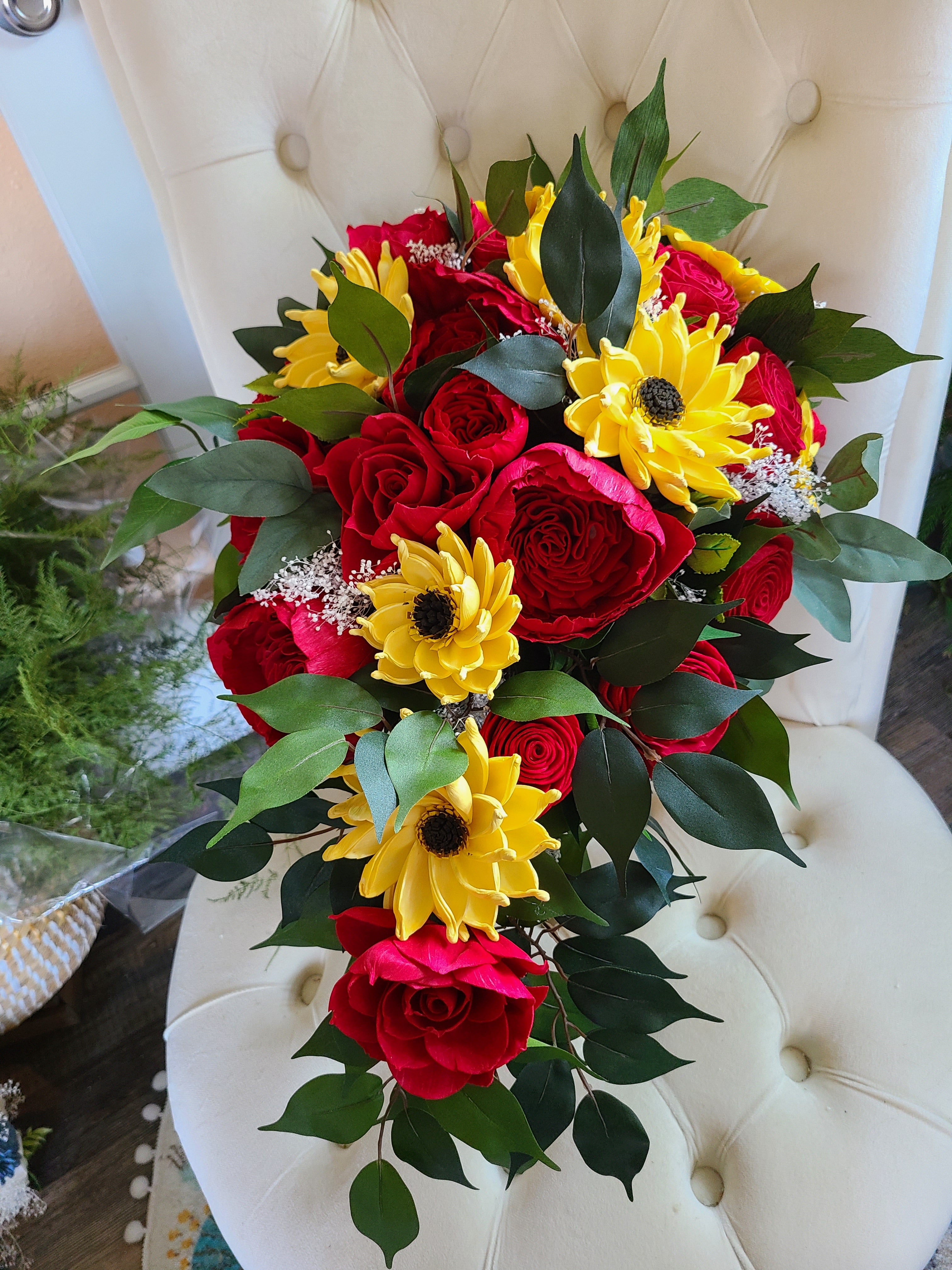Red Rose And Golden Sunflower Cascade Bouquet
