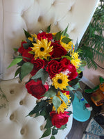 Red Rose And Golden Sunflower Cascade Bouquet