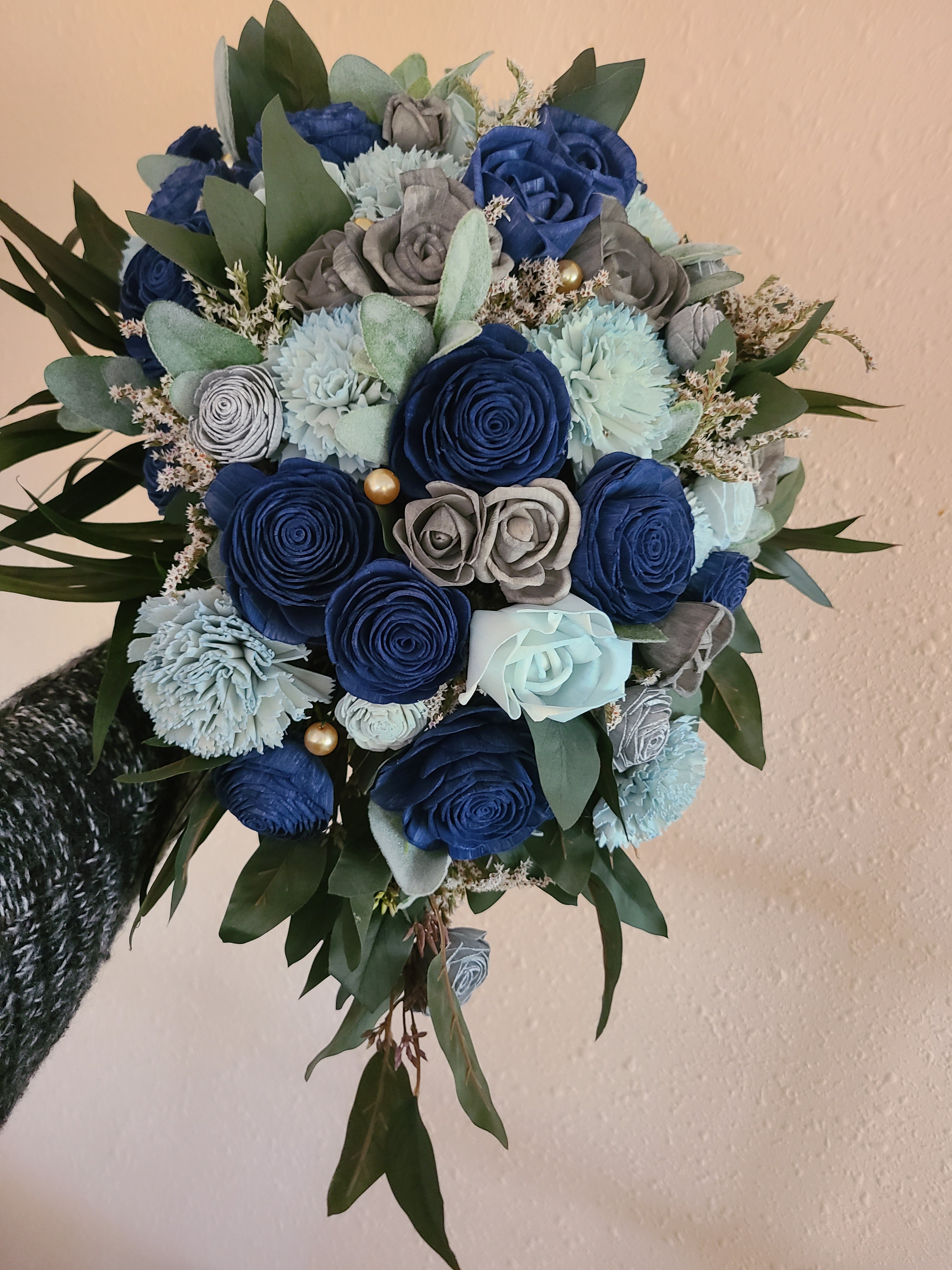 Dark Navy Blue, Baby Blue, and Grey Wood Bouquet with Gold Pearls