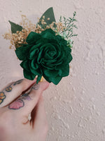 Emerald Green and Gold Dahlia Boutonniere