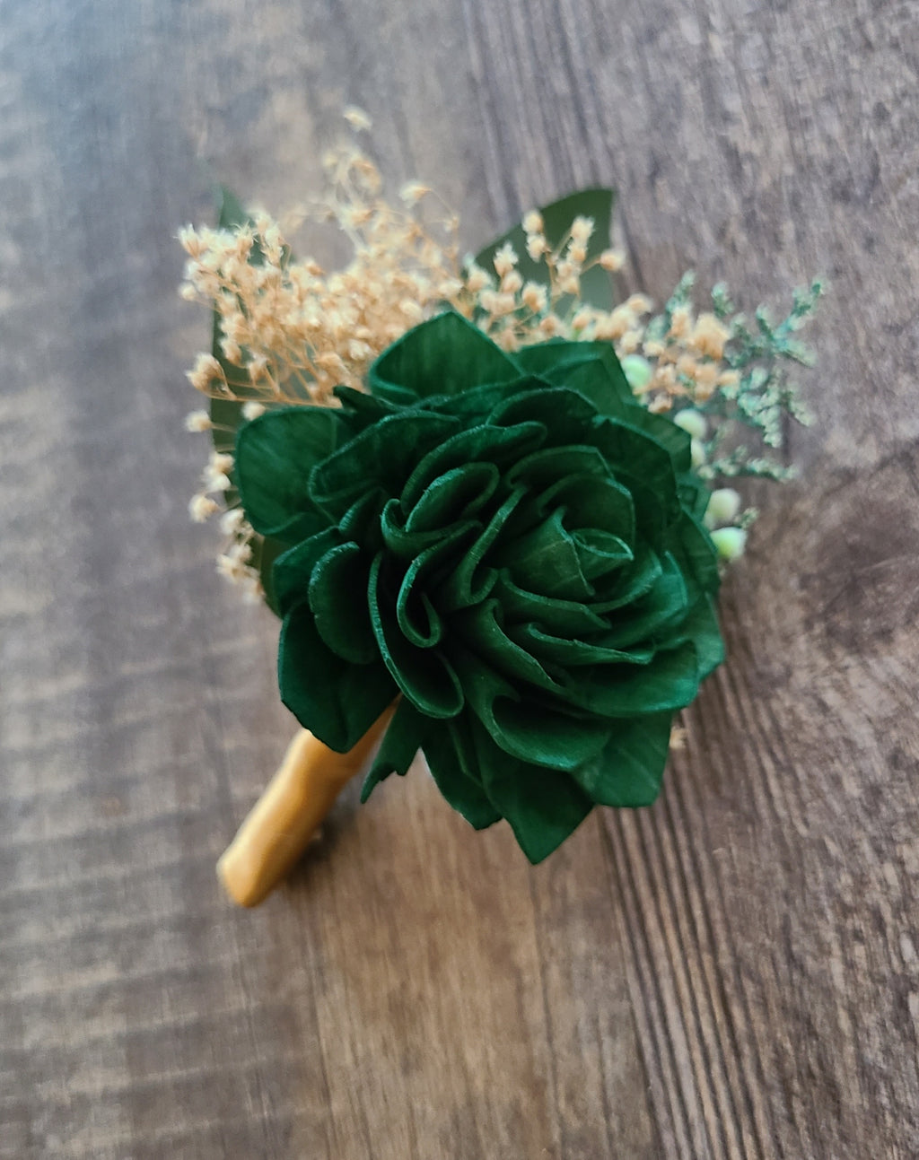 Wrist corsage dark green ribbon Hermitage Florist: Basket of