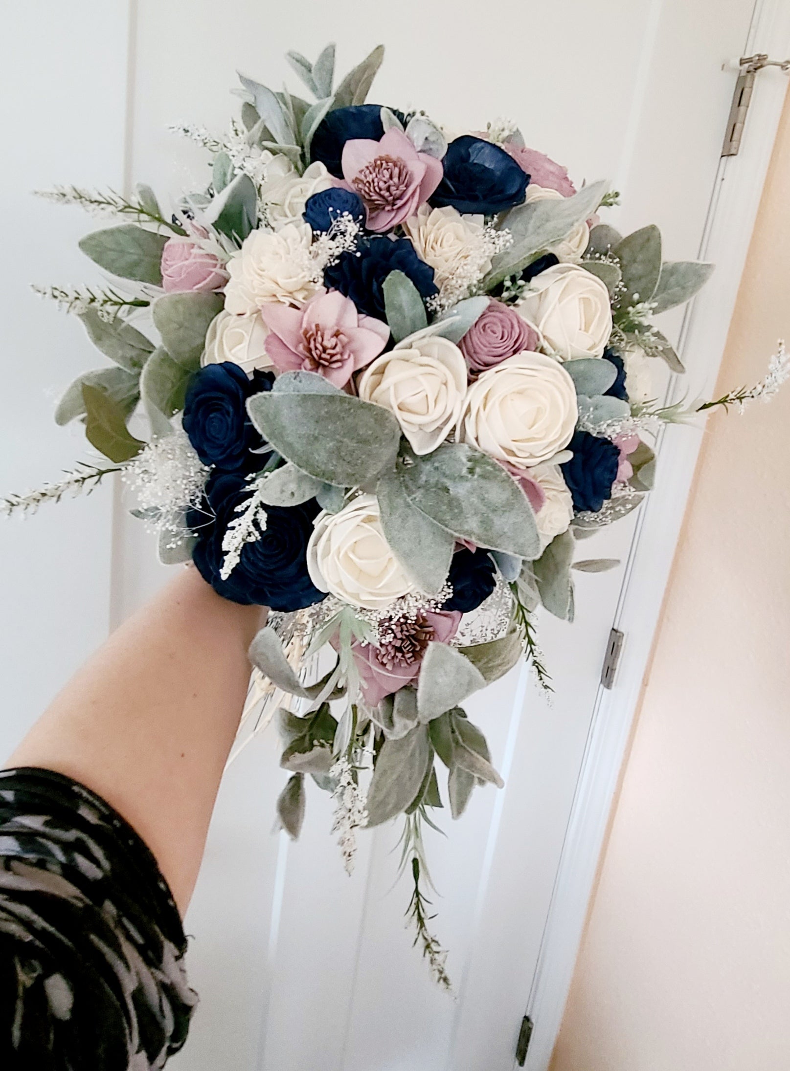 Rose Quartz and Dark Navy Blue Cascading Bridal Bouquet with Lambs Ear