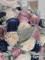 Rose Quartz and Dark Navy Blue Cascading Bridal Bouquet with Lambs Ear
