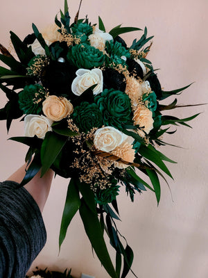 Emerald Green, Champagne Gold, and Black Glame Cascade Bouquet