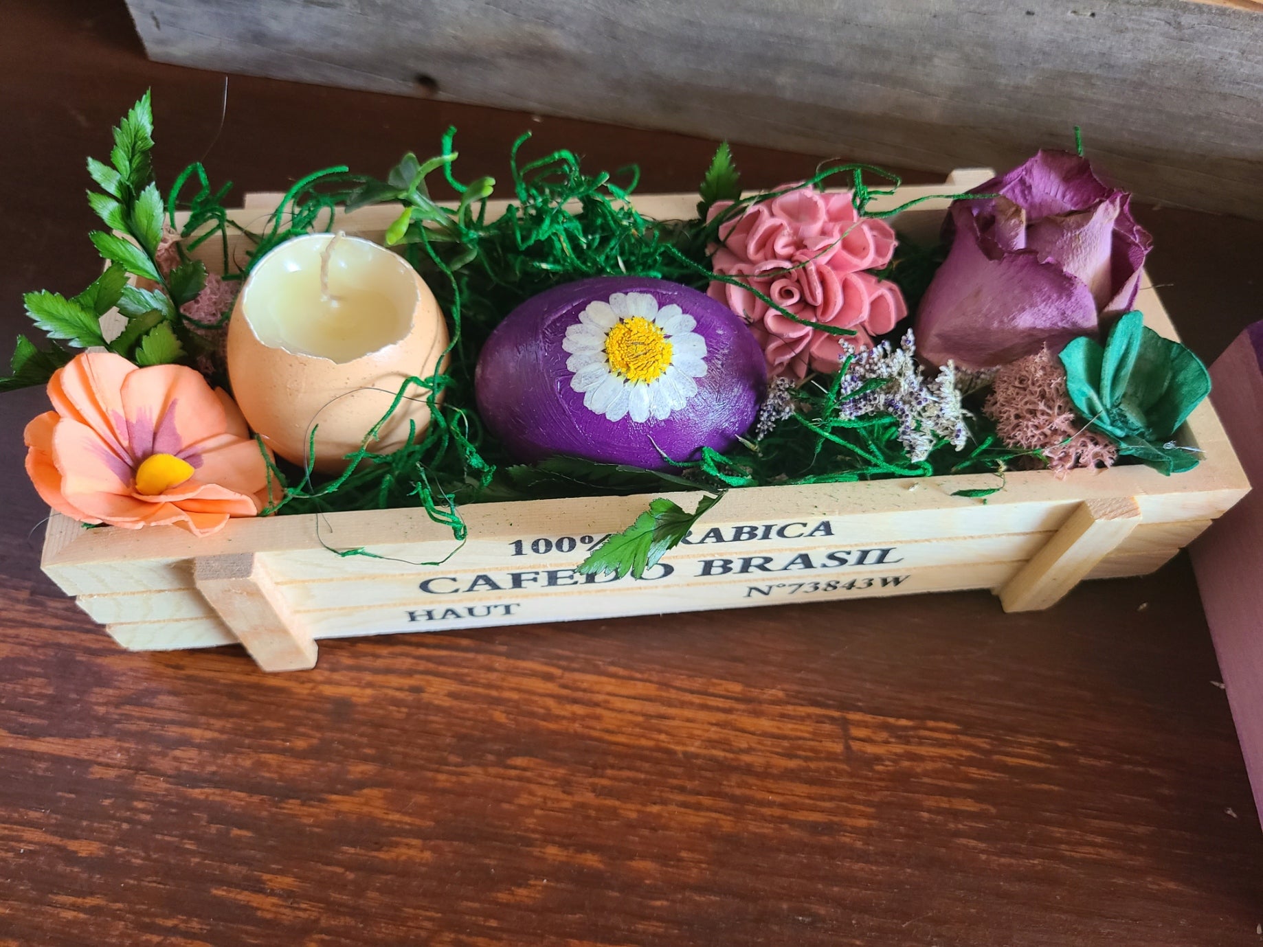 Mini Crates with Pressed Flower Wooden Eggs and Egg Candles