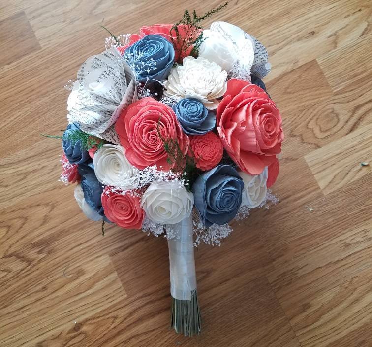 Coral and Dusty Blue Bouquet