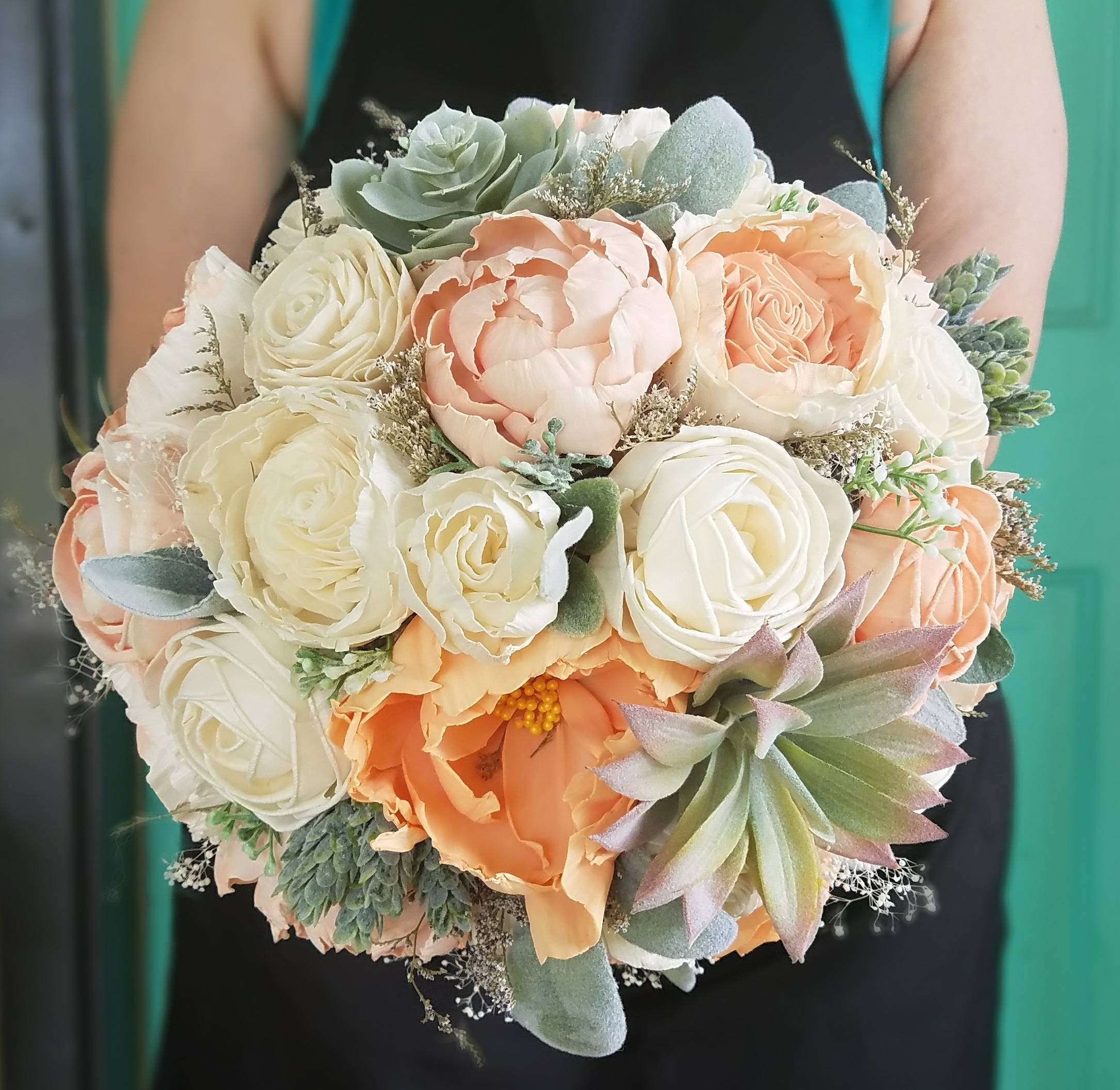 succulent and peony bouquet Peachy Succulent Bouquet 8 Inch / Twine