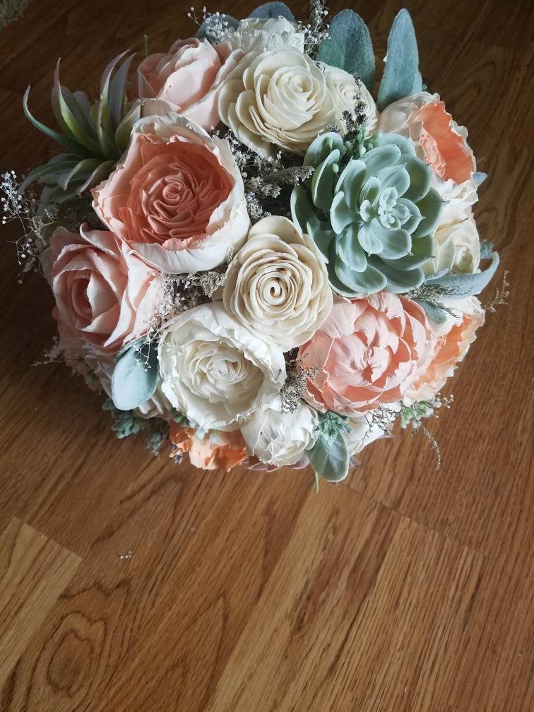 succulent with peach flowers Peachy Succulent Bouquet 8 Inch / Twine