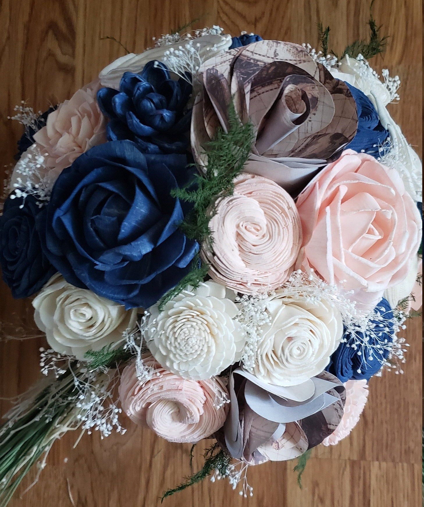 Navy and Blush Bouquet with Map Flowers