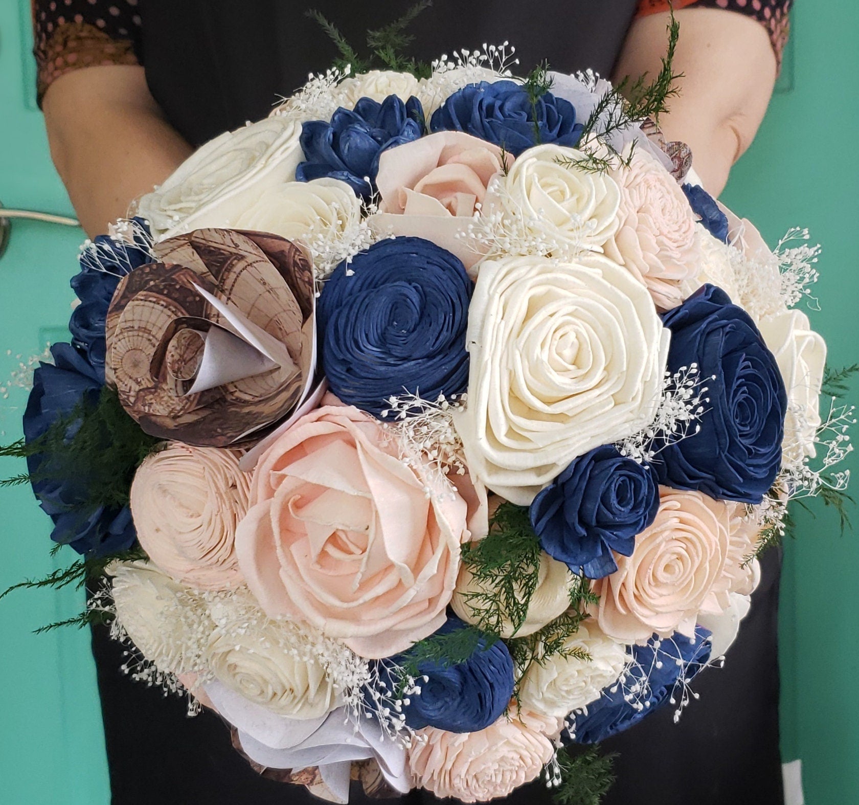 Navy and Blush Bouquet with Map Flowers