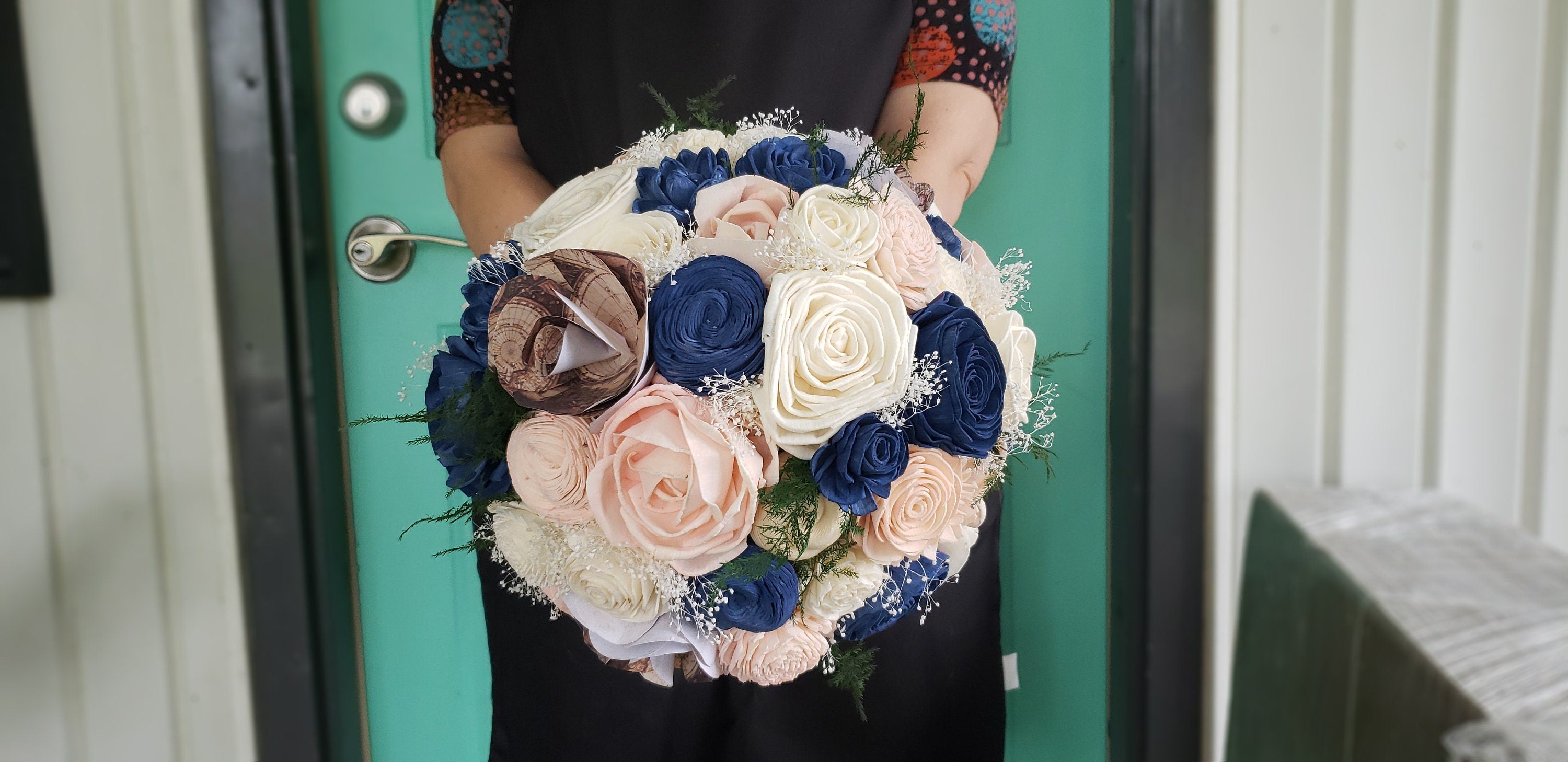 Navy and Blush Bouquet with Map Flowers