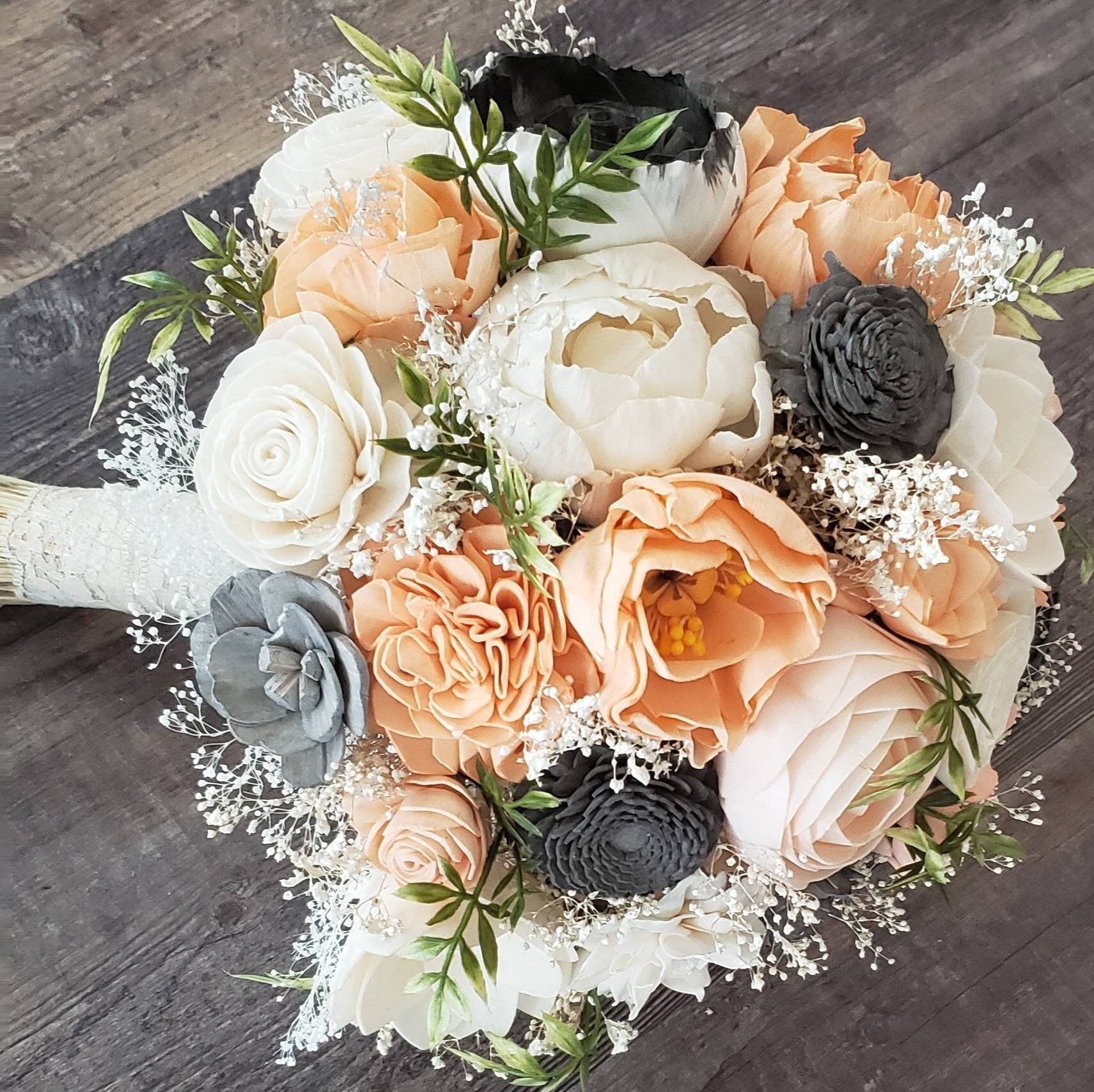 Peach and Grey Wooden Wedding Bouquet
