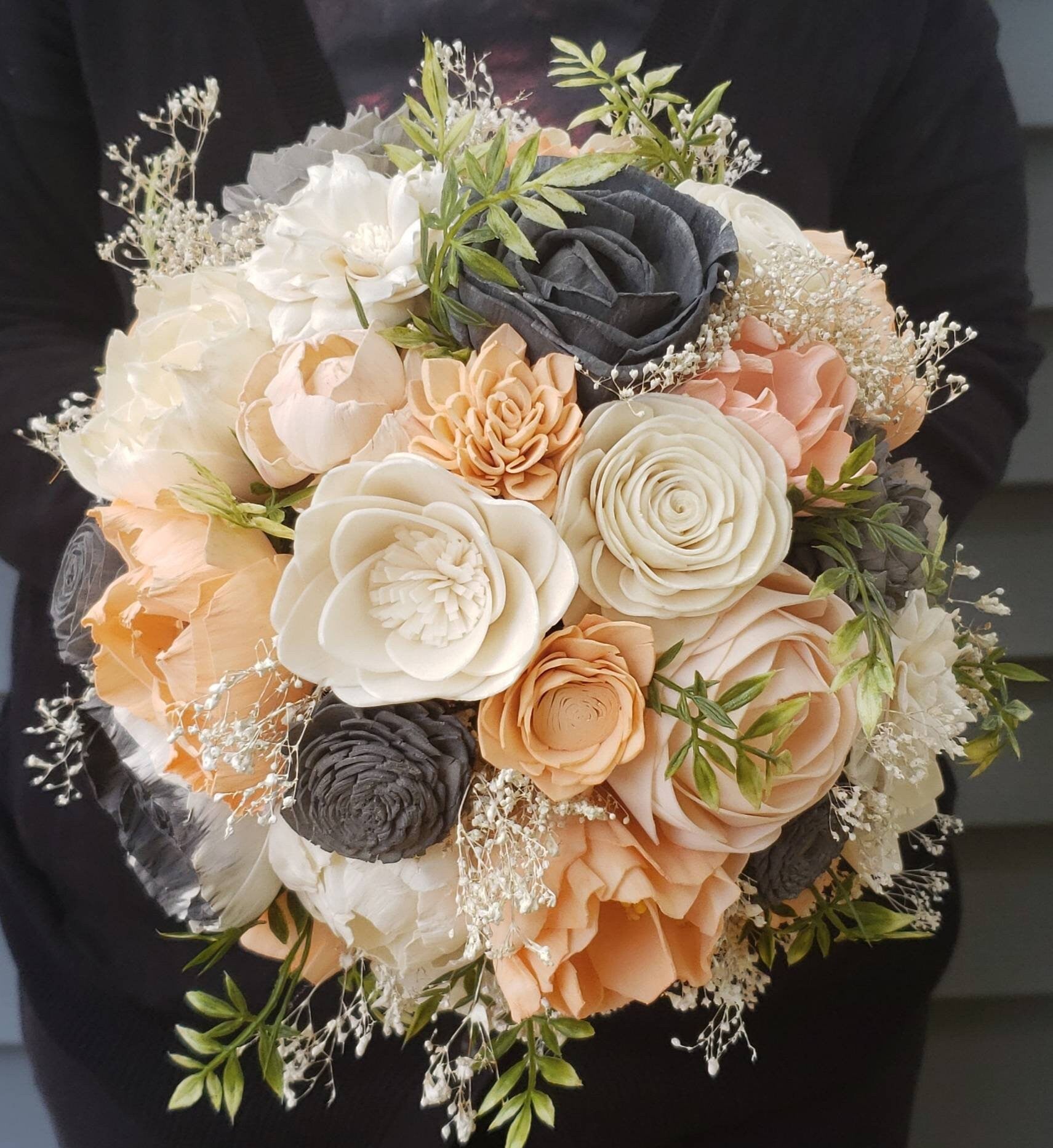 Peach and Grey Wooden Wedding Bouquet