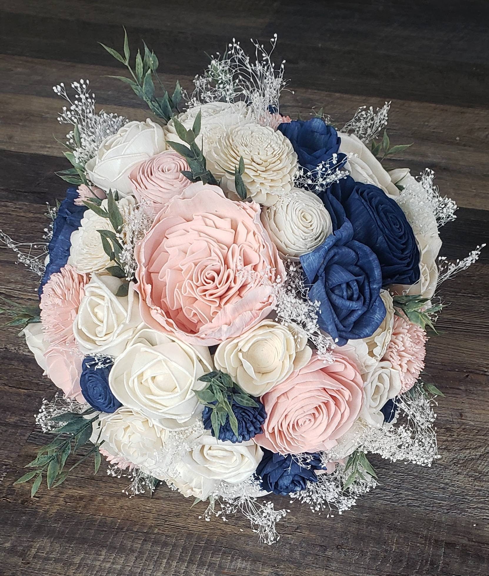 Dark Blue and Blush Pink Wooden Bouquet