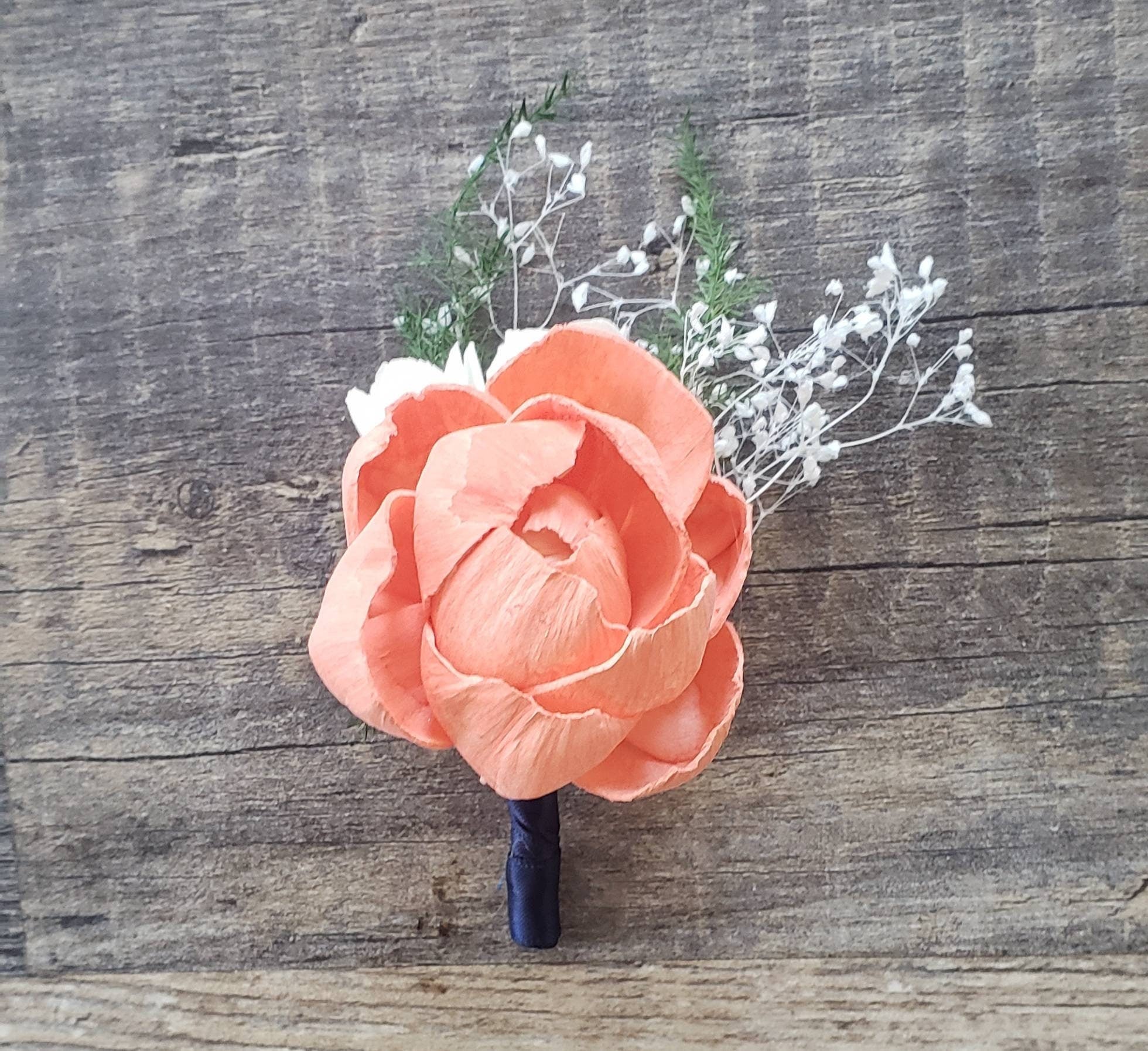 Coral Wood Peony Boutonniere
