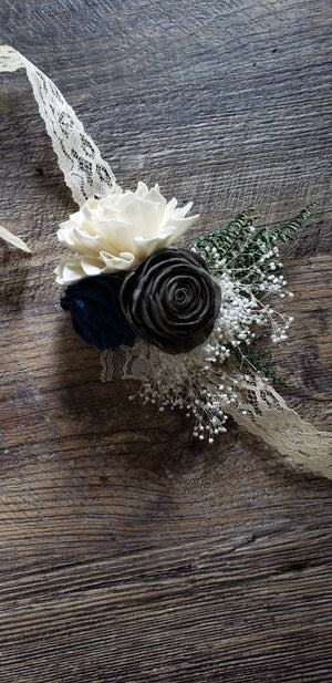 Navy Blue and Grey Wood Corsage
