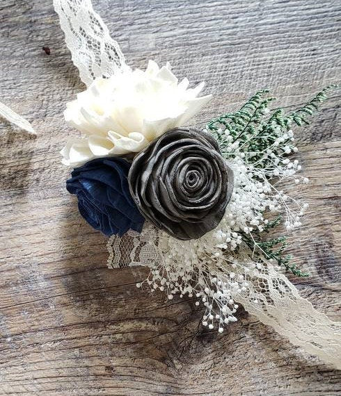 Navy Blue and Grey Wood Corsage My Dinosaur Dreams Navy Blue and Grey Wood Corsage My Dinosaur Dreams