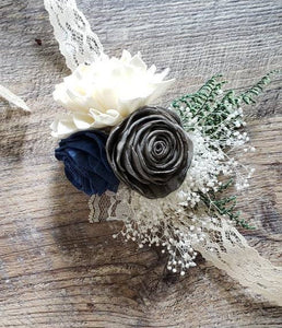 Navy Blue and Grey Wood Corsage