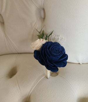 Dark Navy Blue Boutonniere with Ivory Accent