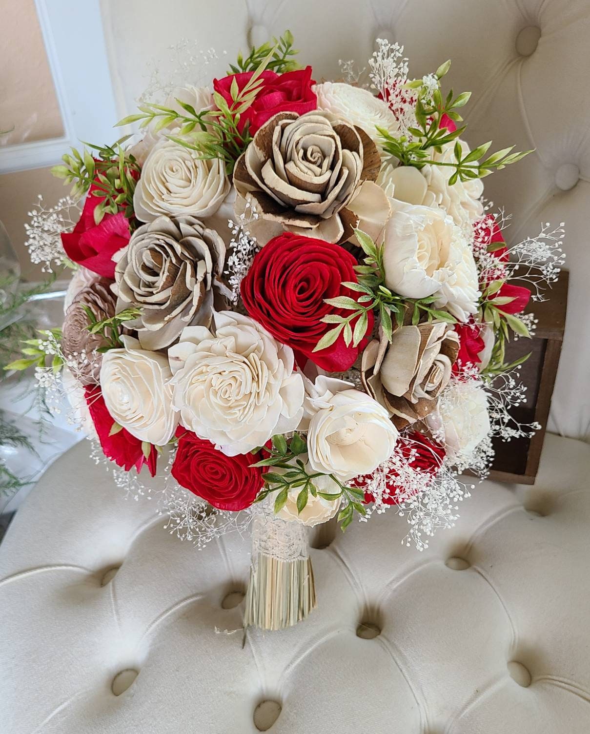 Red Rose and Wooden Bark Flower Bouquet