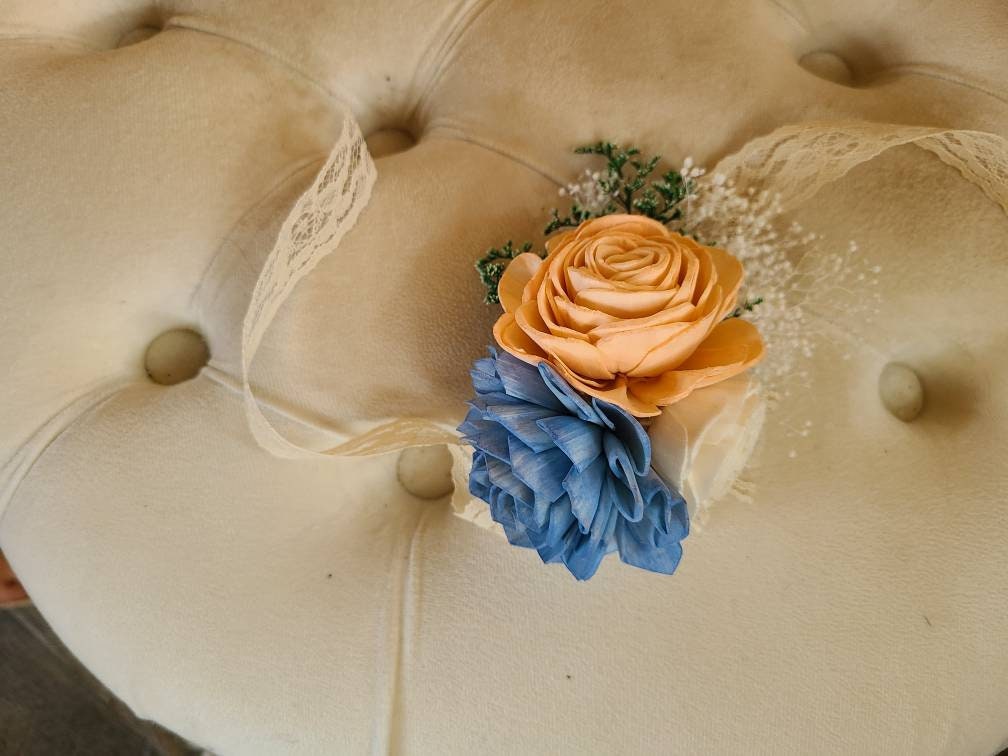 Peach and Dusty Blue Wooden Corsage