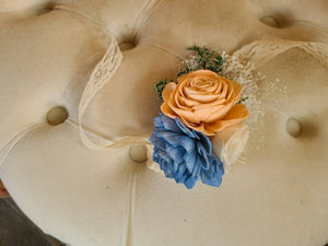 Peach and Dusty Blue Wooden Corsage