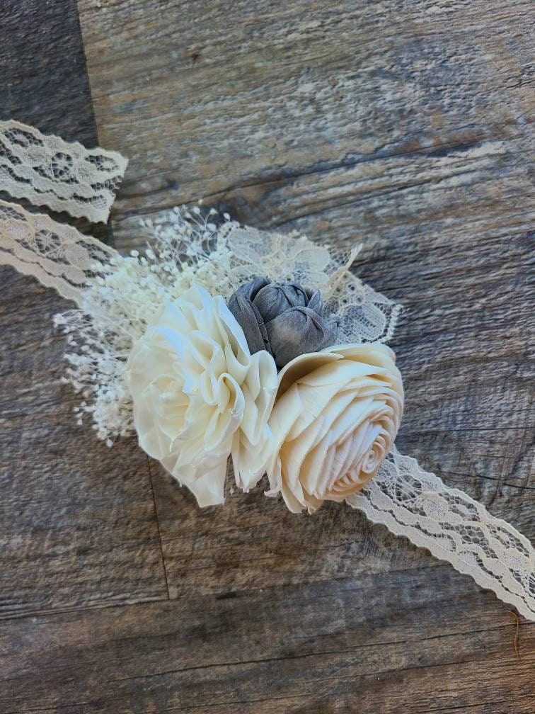 Ivory and Grey Wooden Corsage