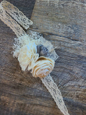 Ivory and Grey Wooden Corsage