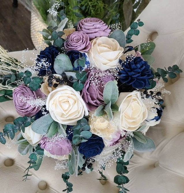 lavender flower wedding bouquet Navy Blue and Lavender Wooden Bouquet