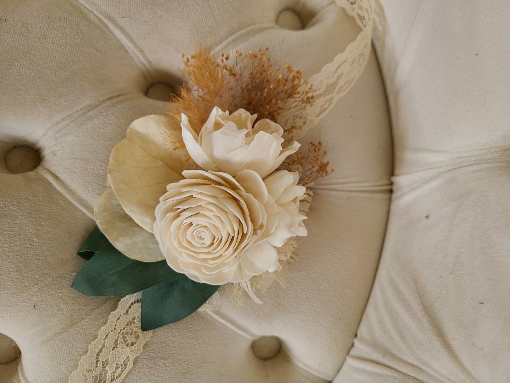 Rustic Ivory Wooden Wrist Corsage
