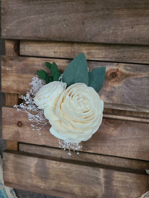 Ivory Rose and Eucaluptus Wooden Boutonniere