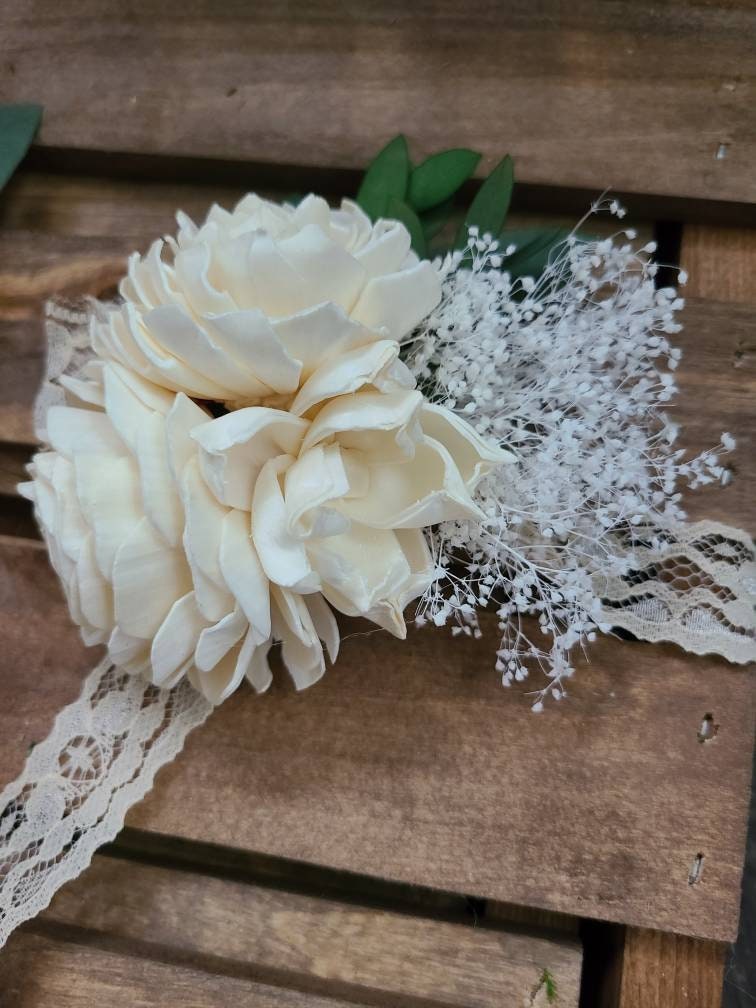 Ivory Wood Flower Eucalyptus Corsage