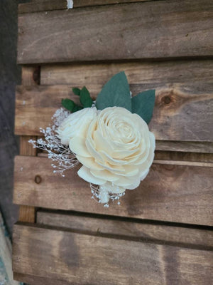Ivory Rose and Eucaluptus Wooden Boutonniere
