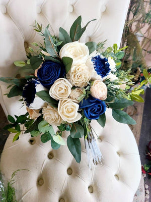 Dark Blue and Soft Pink with Trailing Greenery Bouquet